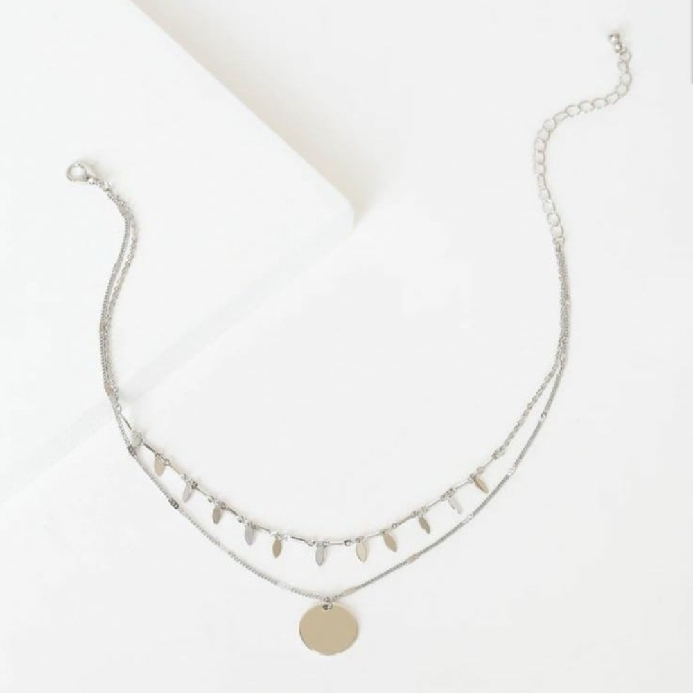 Silver Layered Necklace with Disc Pendant